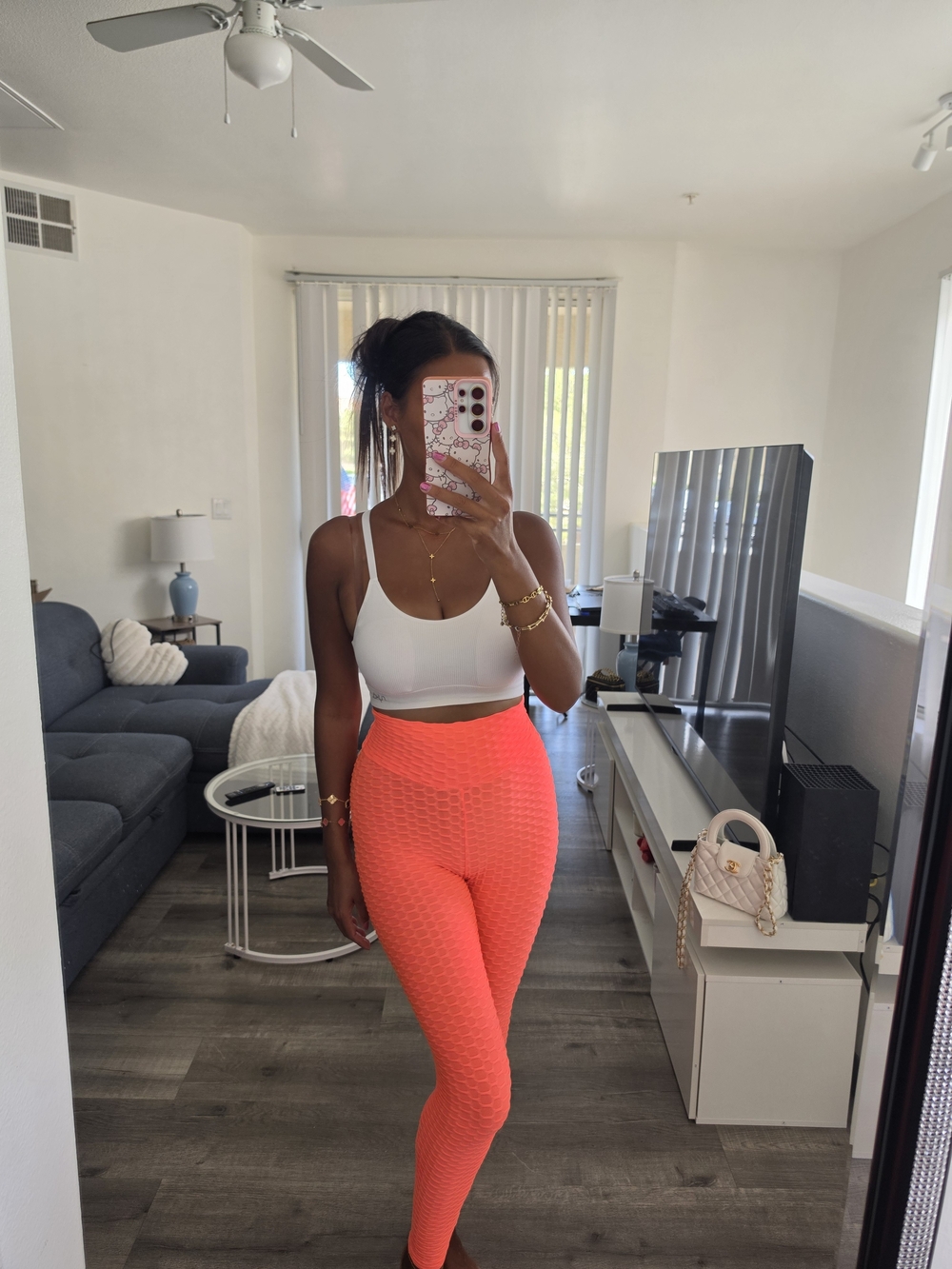 High-Waist Textured Leggings in Neon Coral Stretch